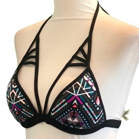 Pink Victoria's Secret Triangle Aztec Pattern Lattice Straps Bikini Top Size XS - Picture 2 of 5